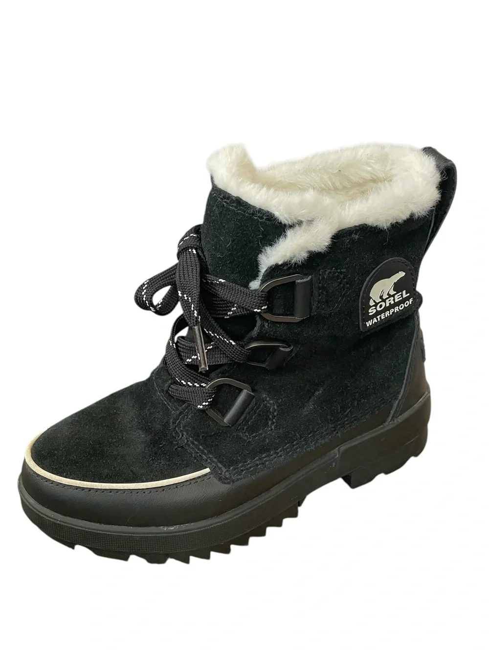 Sorel Women’s Tivoli IV Black Waterproof Winter Boot with White Faux Fur Trim 7